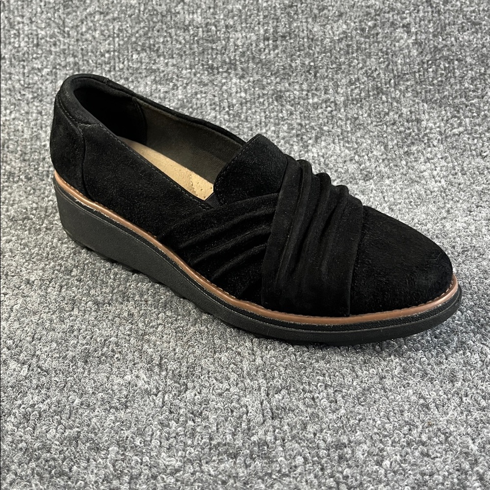 Clarks Ultimate Comfort Collection black suede loafer with ruched detail